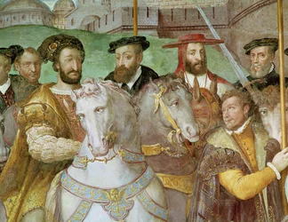 Részlet V. Károly császár (1500-58), I. Ferenc (1494-1547) és Alessandro Farnese (1546-92) ünnepélyes beléptetéséből Párizsba 1540-ben, a „Sala dei Fasti Farnese”-ból, 1557-66 (részlet